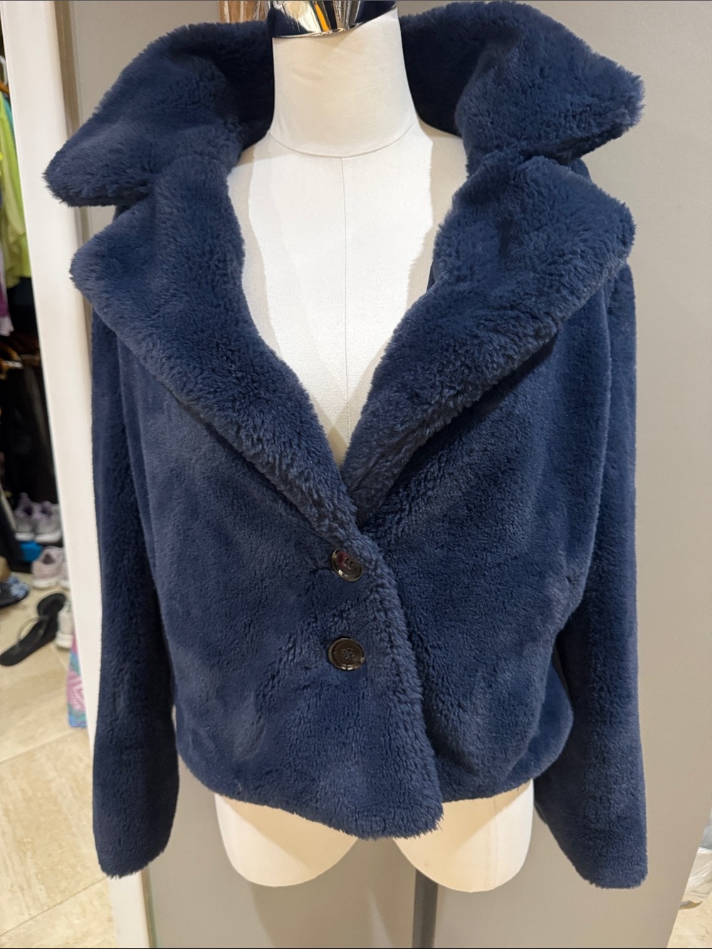 Plush Faux Fur Navy Jacket with Statement Collar